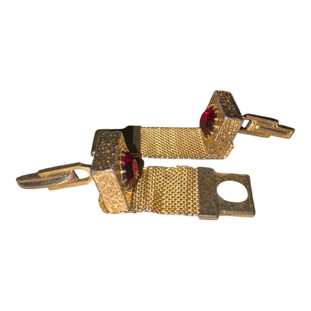 Vintage Gold Tone Mesh Wrap Cufflinks Red Rhinestone 1960s J42